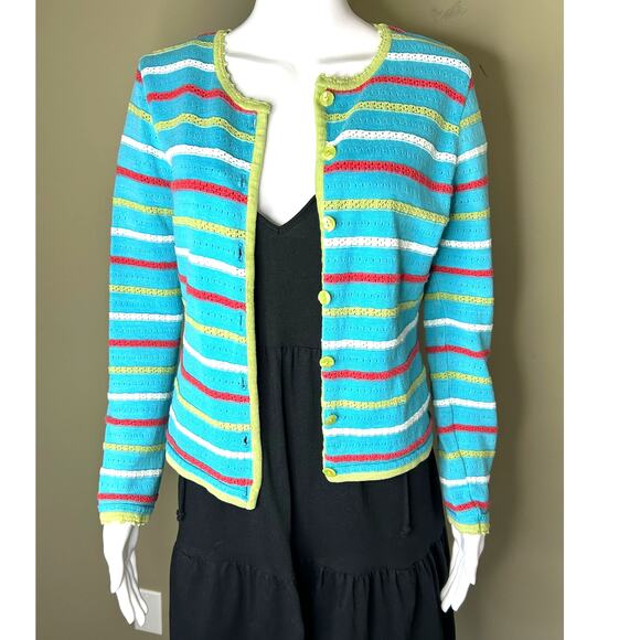 Micmac Paris Vintage Cotton Cardigan Sweater Aqua Stripes Size EU 90 / US 6 - Picture 1 of 9